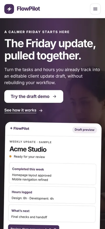 Die Website von FlowPilot, gebaut von Hatchio AI, auf einem Desktop-Bildschirm und einem Handy